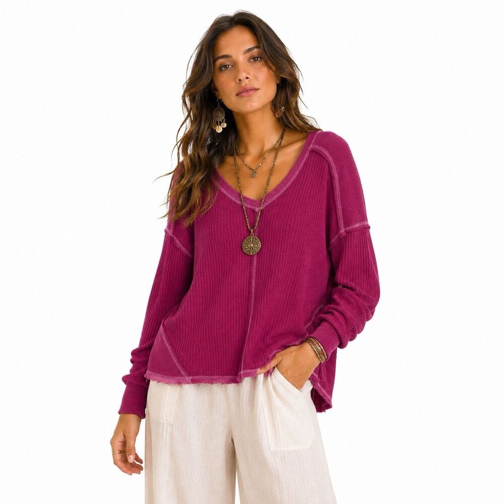 Sundance Waffle Knit Thermal Raw Edge V-Neck Long Sleeve Top XS Pink Boho Casual